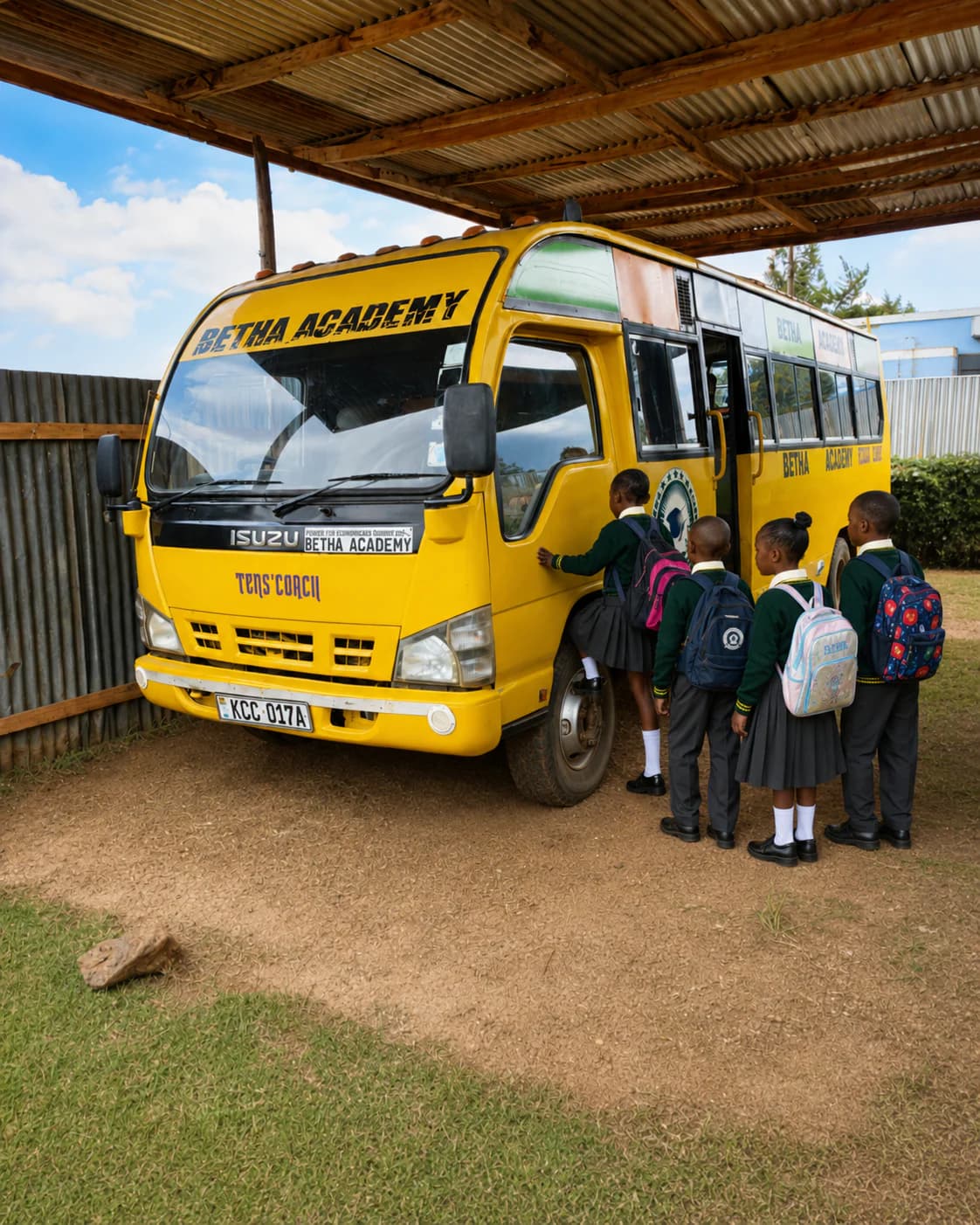 Learners standing beside a branded Betha Academy bus