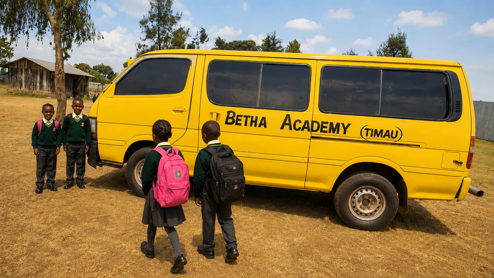 Learners standing beside a branded Betha Academy van