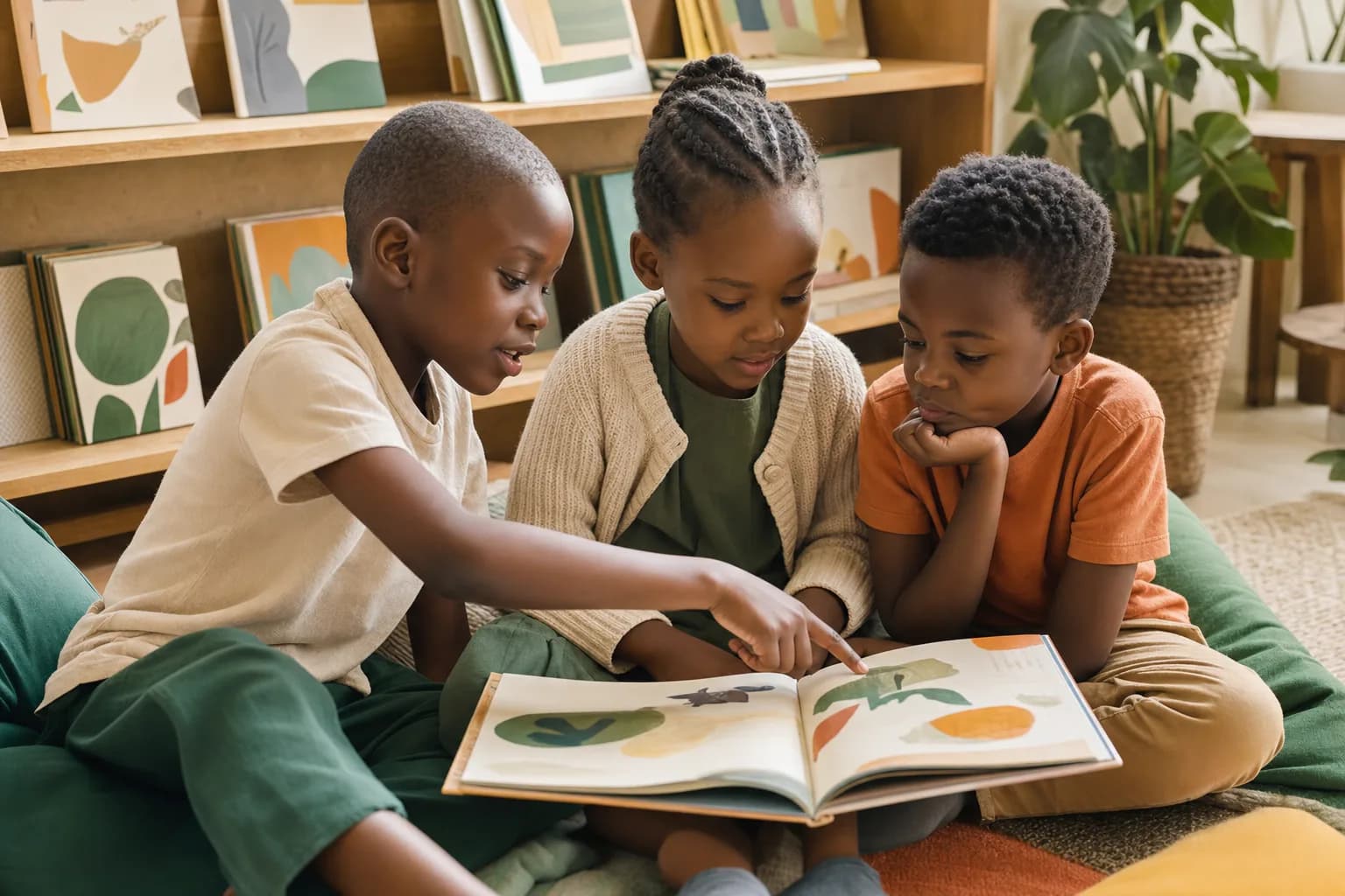 Temporary illustrative image of children reading together in a classroom library corner